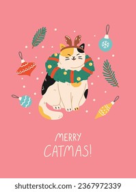 Christmas and New Year greeting card with funny cute cat. Feline pet wearing Christmas wreath with holiday decorations. Vector flat design for celebration print. Hand drawn illustration cartoon style.