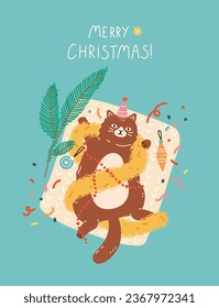 Christmas and New Year greeting card with funny cute cat. Feline pet lying on rug and decorated with garlands and ornaments. Vector flat design for holiday print. Hand drawn illustration cartoon style