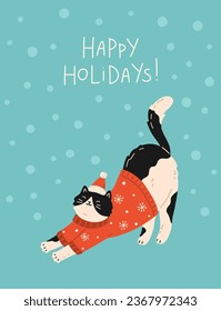 Christmas and New Year greeting card and poster with adorable cute cat. Feline pet stretching in sweater and hat. Vector flat design for winter holiday print. Hand drawn illustration cartoon style.