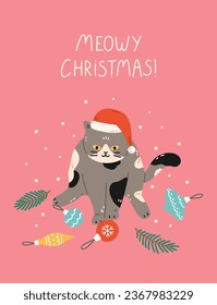 Christmas and New Year greeting card with funny cute cat and holiday decorations. Feline pet playing with Christmas ball. Vector flat design for celebration print. Hand drawn cartoon style.