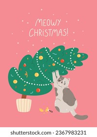 Christmas and New Year greeting card with funny cute cat and holiday decorations. Naughty feline pet playing with Christmas tree. Vector flat design for celebration print. Hand drawn cartoon style.