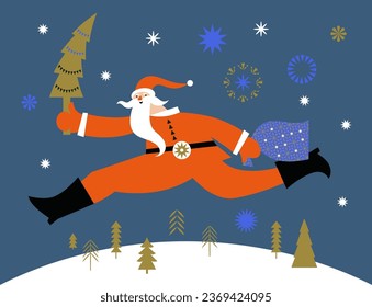 Christmas and New Year Greeting card.  Funny Santa Claus run with xmas tree. Flat design style