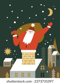 Christmas and New Year Greeting card. Santa Comes Down the Chimney