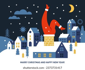 Christmas and New Year Greeting card. Santa Comes Down the Chimney