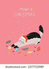 Christmas and New Year greeting card with funny cute cat in hat with holiday decorations. Feline pet playing with Christmas ball. Vector flat design for celebration print. Hand drawn cartoon style.