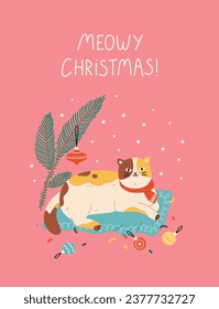 Christmas and New Year greeting card with funny cu'te cat. Feline pet lying on rug and decorated with Christmas ornaments. Vector flat design for holiday print. Hand drawn illustration cartoon style