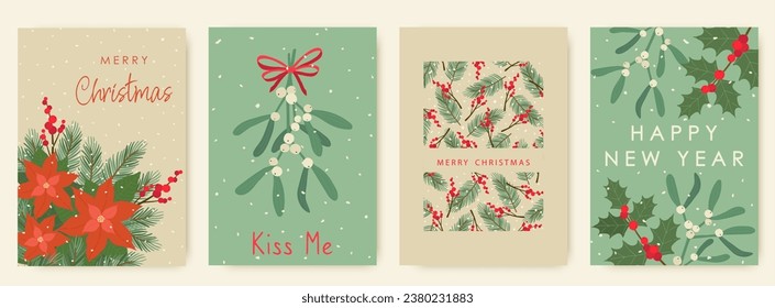 Christmas and New Year, greeting card for your design. Mistletoe, holly, Christmas tree, poinsettia hand drawn. Retro style, vector illustration.