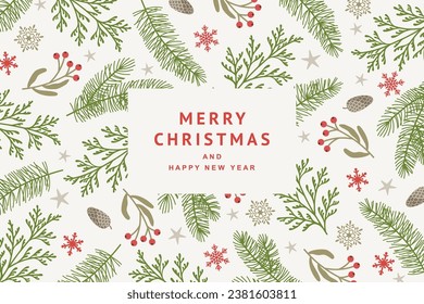 Christmas and New Year greeting card. Vector illustration with Сhristmas tree branches, red berries and snowflakes for cover, banner, social media post, party invitation, poster