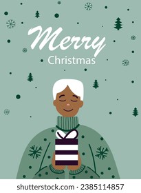 Christmas and New Year greeting card with an African American. Minimalistic background for greetings, banners, covers. Greeting card design template. Merry Christmas.