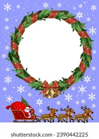 Christmas and New Year greeting card and poster template design. Santa Claus with a red sack with gifts and a Christmas tree sitting in a reindeer sleigh. Vector Illustration