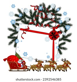 Christmas and New Year greeting card and poster template design. Santa Claus with a red sack with gifts and a Christmas tree sitting in a reindeer sleigh. Vector Illustration