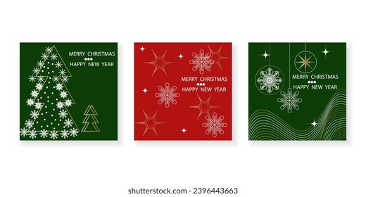 Christmas and New Year greeting card set. Elegant Christmas tree, pattern of snowflakes on red and green background.Vector design for covers, posters. Line art.