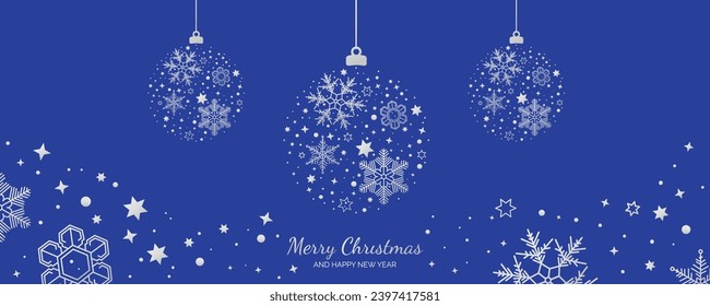 Christmas and New Year greeting card with tree ornament with silver snowflakes. Celebrate the magic of Christmas and New Year with this elegant vector illustration square blue card