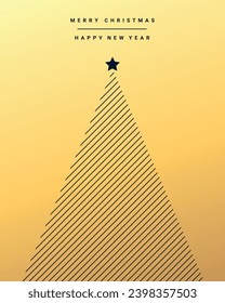 Christmas and New Year greeting card with Christmas tree geometric shaped. Minimal design in dark blue and gold gradient colors. Vector illustration