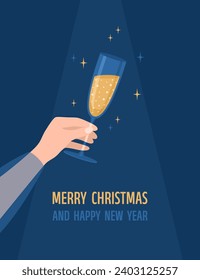 Christmas and New Year greeting card. Hand holding glass of sparkling wine or champagne on dark blue background. Vector illustration in flat style