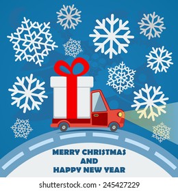 Christmas and New Year greeting card with gift delivery van goes on winter road in Xmas eve. Template vector concept.