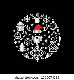 Christmas and New Year greeting card with Santa Claus, snowflakes, Christmas tree, balls, bells. Vector.