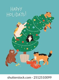 Navidades y tarjeta de felicitación del año Nuevo con gatos lindos divertidos. Mascotas felinas escalando el árbol de Navidad, jugando con decoraciones y caja de regalo. Diseño plano dibujado a mano para la impresión de la celebración del invierno