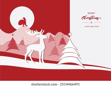 Navidades y tarjeta de felicitación del año Nuevo o Anuncio. Estilo minimalista. Año Nuevo abetos, nieve, renos, montañas, luna y Santa Claus con saco de regalos sobre fondo blanco-rojo