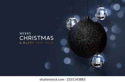 Christmas and New Year greeting card with realistic 3d black and silver ornaments in glitter hanging on a ribbon and disco ball on dark blue background. Xmas holiday poster. Vector illustration