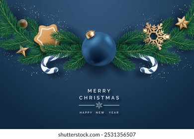 Weihnachts- und Neujahrsgrußkarte mit blauen und goldenen Dekorationen, Tannenzweigen, Zuckerstangen und Ornamenten auf marineblauem Hintergrund