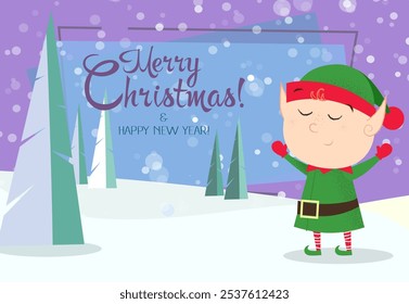 Christmas and New Year greeting card design with cute elf and snowy trees in background. Illustration can be used for banners, posters, postcards