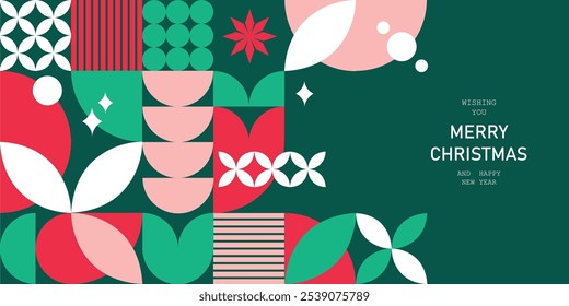 Christmas and New Year greeting card or horizontal banner with geometric symbols in an abstract mosaic pattern, perfect for festive vector designs.