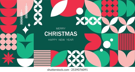 Navidades y tarjeta de felicitación del año Nuevo, Anuncio Horizontal, cartel, volante con símbolos geométricos. Patrón Abstractas de Navidades de mosaico. Vector