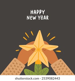 Christmas and New Year greeting card. Hands hold star for Christmas tree on blue background. Man decorate Christmas tree. Cute vector cartoon illustration in flat style. Template for poster or banner