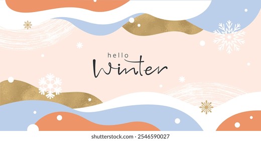 Christmas and New Year greeting card design. Holiday background, party invitation, website banner, social media post. Snow flakes, winter landscape.