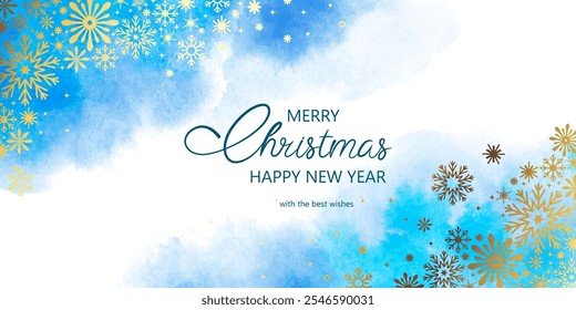 Christmas and New Year greeting card design. Holiday background, party invitation, website banner, social media post. Snow flakes, winter landscape.