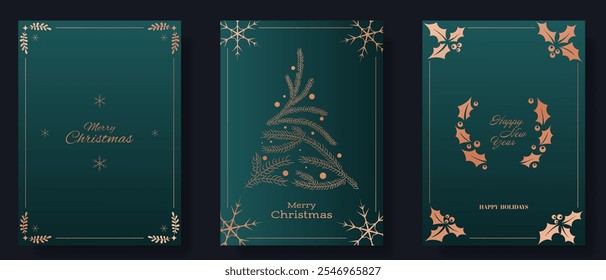 Christmas and New Year greeting card set. Green backgrounds with gold accents, including snowflakes, a pine tree made of branches, holly leaves, and berries. Merry Christmas, Happy New Year