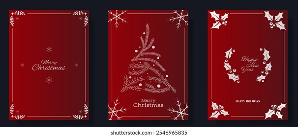 Christmas and New Year greeting card set. Red backgrounds with gold accents, including snowflakes, pine branches forming a tree, holly leaves, and berries. Features Merry Christmas, Happy New Year