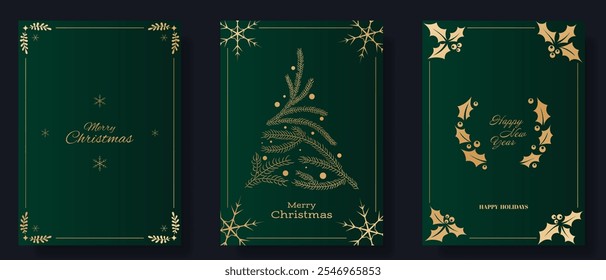 Christmas and New Year greeting card set. Green backgrounds with gold accents, including snowflakes, a pine tree made of branches, holly leaves, and berries. Merry Christmas, Happy New Year