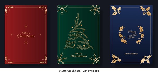 Christmas and New Year greeting card set. Blue, red, and green backgrounds feature gold accents, including snowflakes, pine branches forming a tree, and holly wreaths