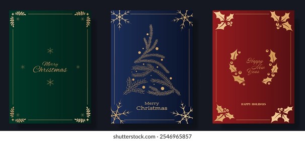 Christmas and New Year greeting card set. Blue, red, and green backgrounds feature gold accents, including snowflakes, pine branches forming a tree, and holly wreaths