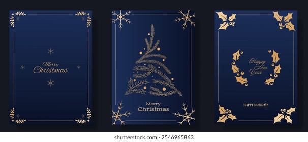 Christmas and New Year greeting card set. Dark blue backgrounds with golden festive designs, including snowflakes, a pine tree, holly leaves, berries, and elegant Merry Christmas, Happy New Year