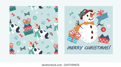 Christmas and New Year greeting card or poster templates, Christmas winter holidays designs set with snowman and seamless pattern with cute funny dog, flat vector illustration.