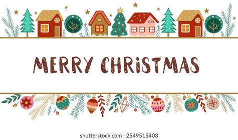 Christmas and New Year greeting card with houses and decorations. Decorative festive background. Vector illustration
