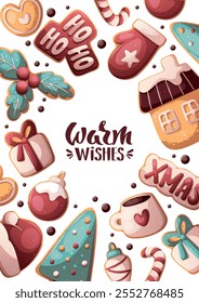 Christmas and New Year greeting card with gingerbread cookies. Vector illustration for greeting card, banner, poster, postcard.