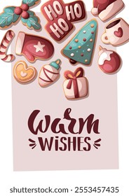 Christmas and New Year greeting card with gingerbread cookies. Vector illustration for greeting card, banner, poster, postcard.