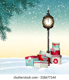 Christmas and new year greeting card, presents with vintage clock in winter landscape, vector illustration, eps 10 with transparency and gradient meshes