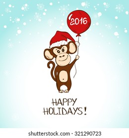 Christmas and New Year greeting card. Funny illustration with cartoon monkey holding the red balloon on a blue snowfall background.