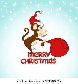 Christmas and New Year greeting card. Funny illustration with cartoon monkey pulling big sack on a blue snowfall background.