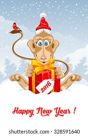 Christmas and New Year greeting card with cheerful monkey in Santa hat with big gift on snowy winter landscape. Monkey - symbol of year 2016. Vector illustration.