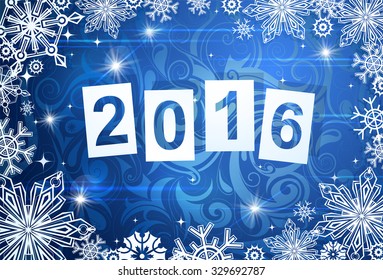 Christmas and New Year greeting card concept with frost ornament and year 2016 banner