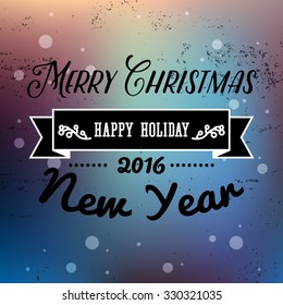 Christmas and New Year greeting card. Vector illustration. Typography, calligraphy. Snowy background. Vintage label, emblems and other decorative elements. Retro invitation. 