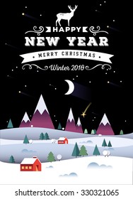 Christmas and New Year greeting card. Vector illustration. Typography, calligraphy. Snowy background. Vintage label, emblems and other decorative elements. Retro invitation. 