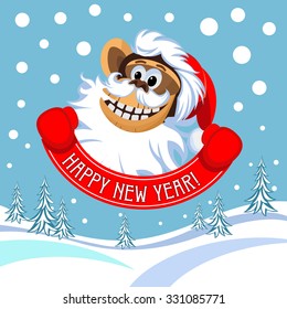 Christmas and New Year greeting card with a cheerful monkey in Santa hat, symbol of 2016. Vector illustration.