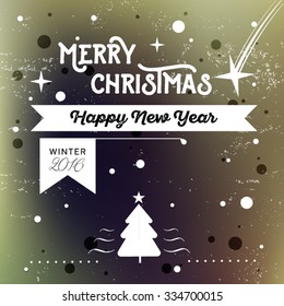 Christmas and New Year greeting card. Vector illustration. Typography, calligraphy. Snowy background. Vintage label, emblems and other decorative elements. Retro invitation. 
